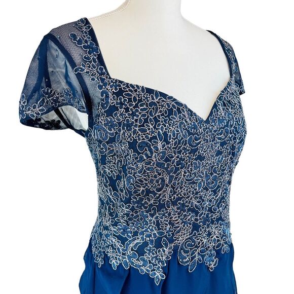 XSCAPE‎ Blue Sheer Cap Sleeve Floral Dress Gown 10 Tiered Ruffles Wedding Prom - Picture 7 of 16